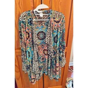 Multiples Open Sheer Cardigan Cover Up  1X Lagenlook Floral Animal Print Ruffle